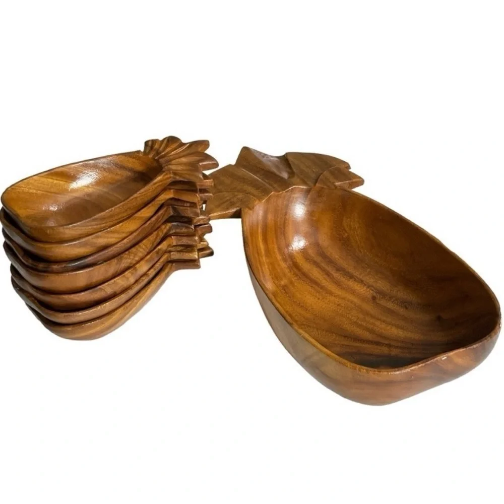 Vintage 1960s Monkey Pod Wood Pineapple Salad Bowl Set 9 Pc Philippines